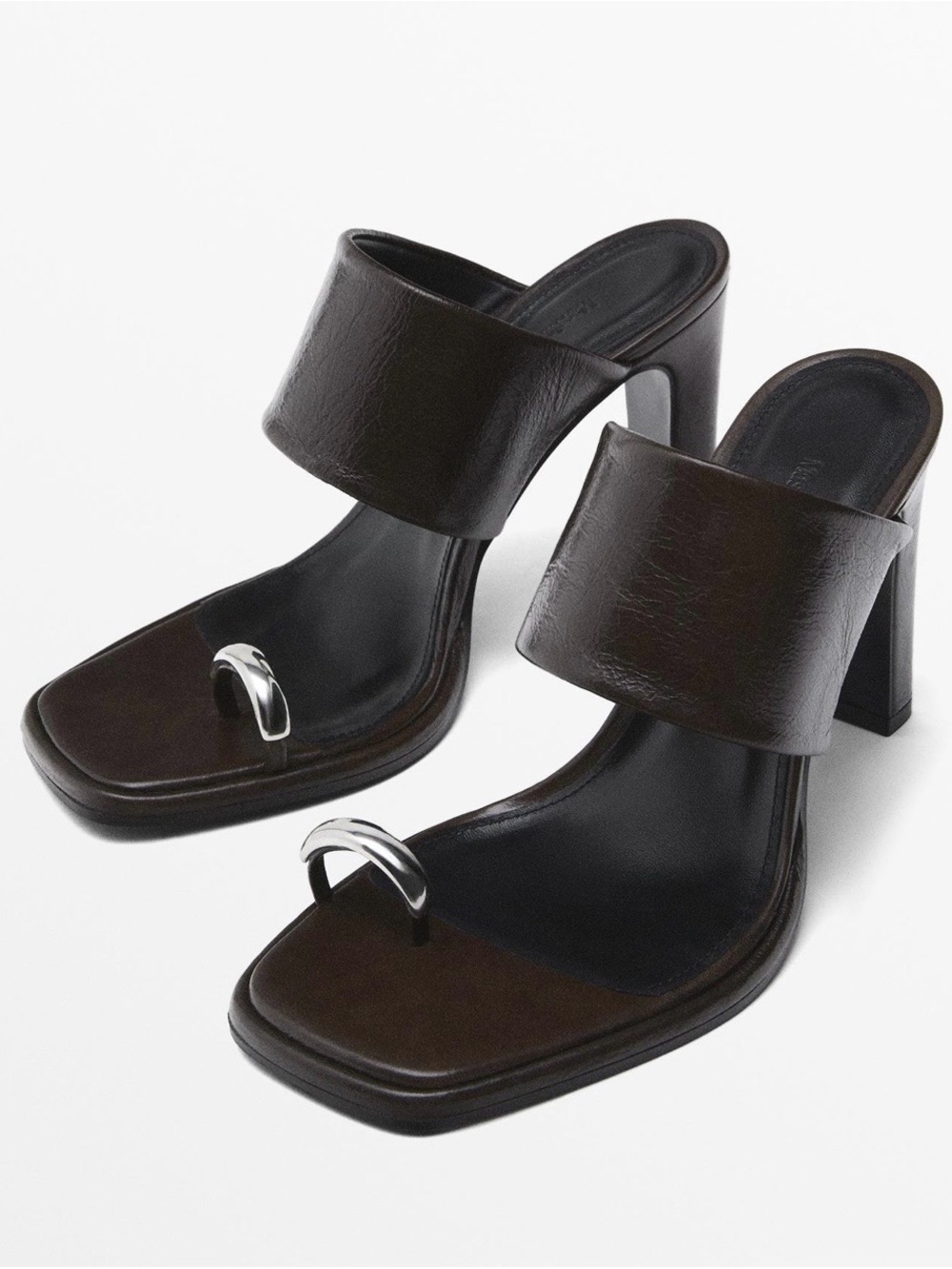 Massimo Dutti Dark Brown Leather Silver Toe-Ring Sculptured Heel Mules - Picture 2 of 3
